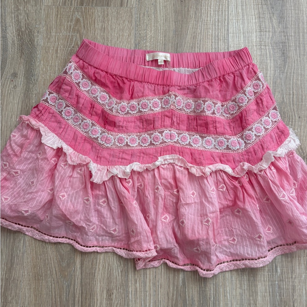 LoveShackFancy Pink Tiered Ruffle Mini Skirt